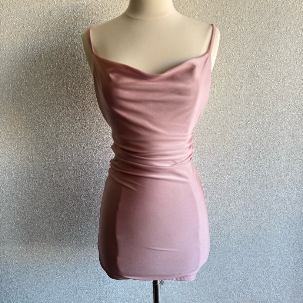 Miss Lola Pink Cowl Neckline Open back Mini Dress